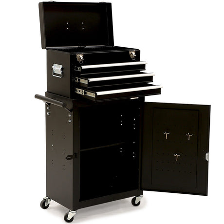 Black steel tool chest with drawers and a one door cabinet in a garage