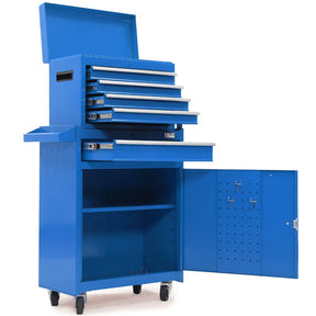 Blue steel tool chest with drawers and a one door cabinet in a garage