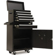 Black steel tool chest with drawers and a one door cabinet in a garage