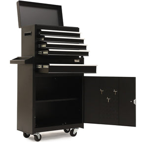 Black steel tool chest with drawers and a one door cabinet in a garage