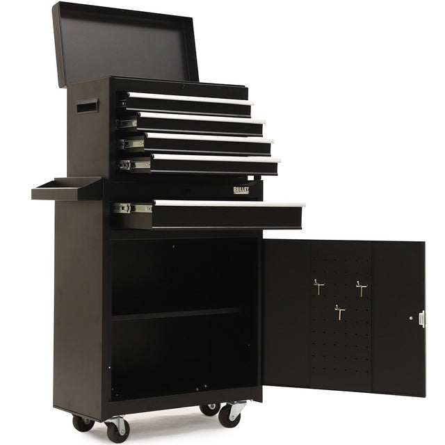 Black steel tool chest with drawers and a one door cabinet in a garage