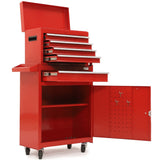 Red steel tool chest with drawers and a one door cabinet in a garage
