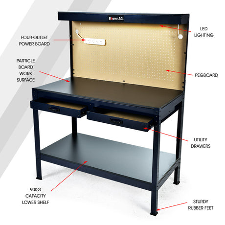 Gotthard Steel Garage Workbench with LED Lights and Pegboard