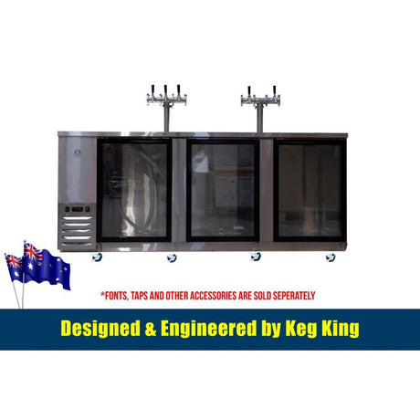 Stainless steel keg fridge interior with kegs and gas cylinder
