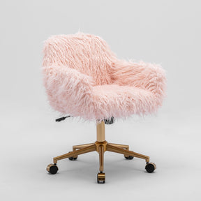 Tammin pink faux fur swivel office chair with polished metal base in a styled study