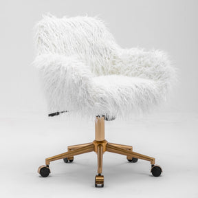 Dumbleyung white faux fur swivel desk chair with polished metal base in a styled study