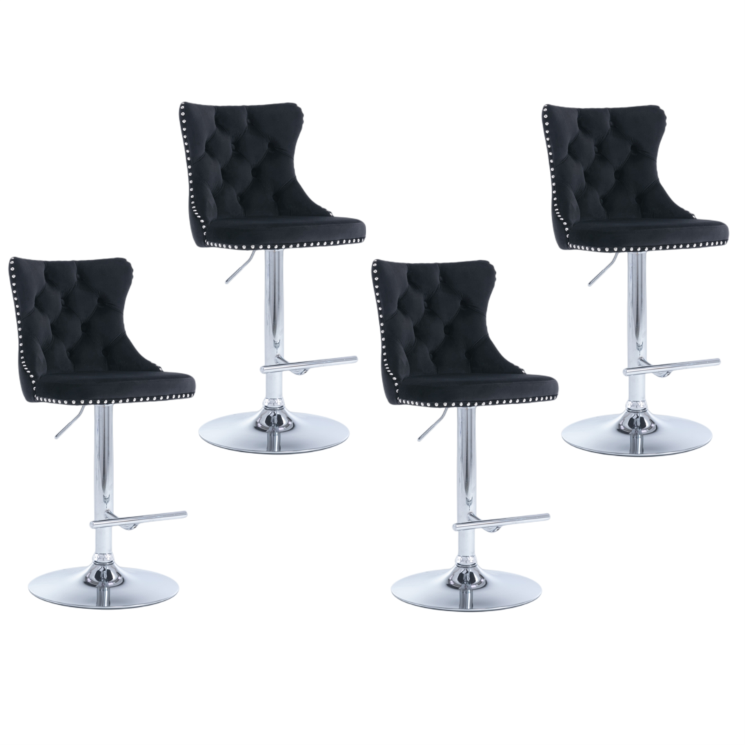 Velvet bar stool gold chrome base and footrest detail — Allure Home Collections