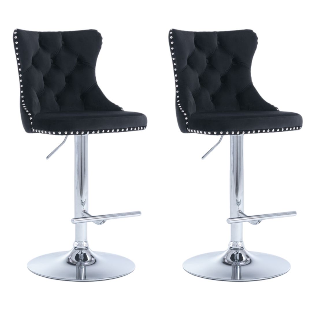 Stud trim and button tufted detail on velvet bar stool back — Allure Home Collections