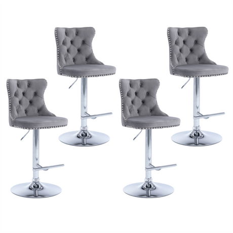 Four velvet bar stools with gold base in styled kitchen — Allure Home Collections