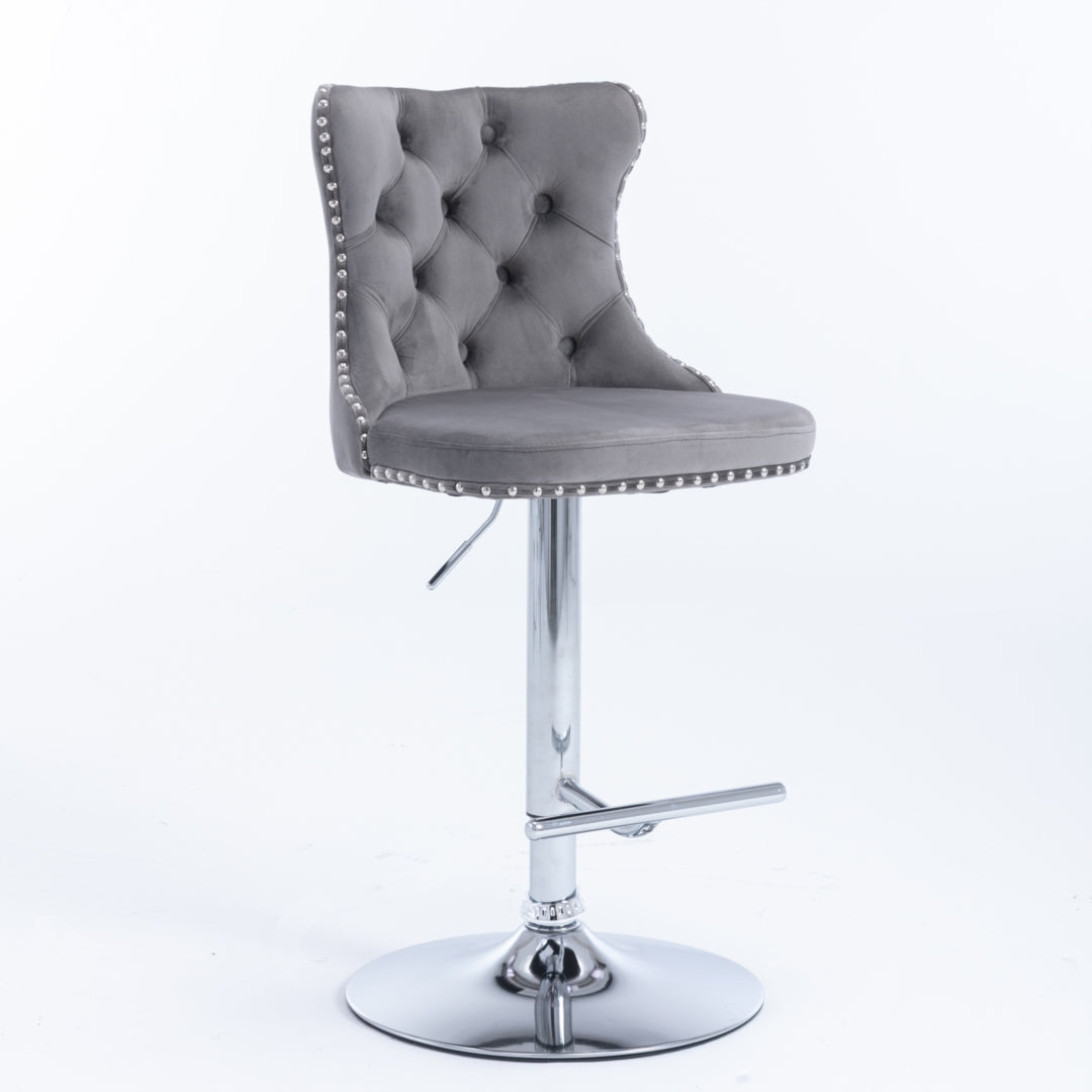 Side profile of velvet studded bar stool showing chrome footrest — Allure Home Collections