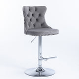 Side profile of velvet studded bar stool showing chrome footrest — Allure Home Collections