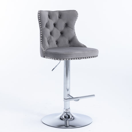 Side profile of velvet studded bar stool showing chrome footrest — Allure Home Collections