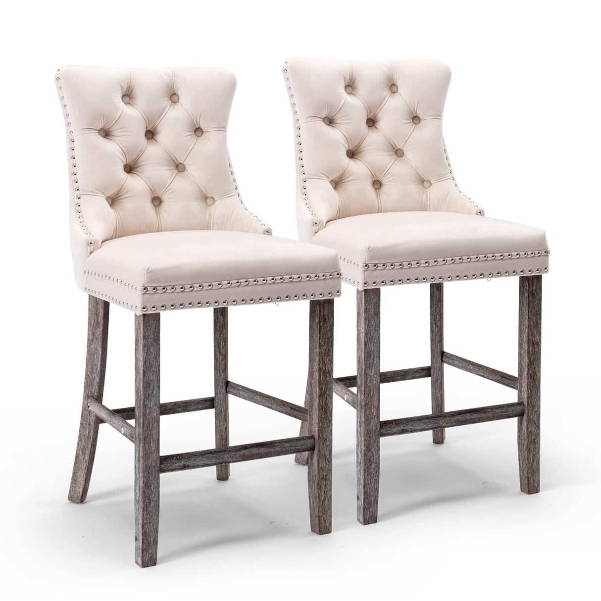 Silver stud trim detail on tufted velvet bar stool back — Allure Home Collections