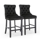 Velvet bar stools with stud trim wooden legs and tufted back — pair — Allure Home Collections