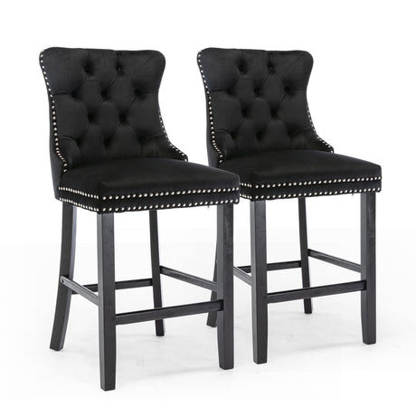 Velvet bar stools with stud trim wooden legs and tufted back — pair — Allure Home Collections