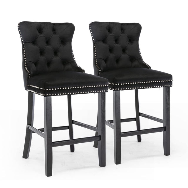 Velvet bar stools with stud trim wooden legs and tufted back — pair — Allure Home Collections