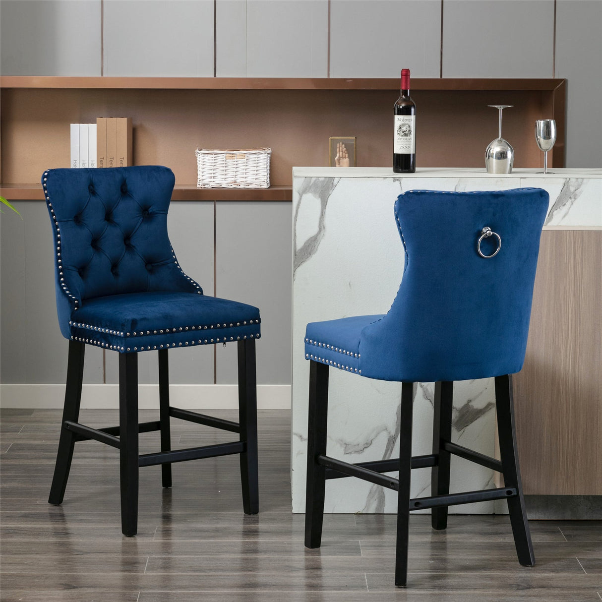 Pair of velvet stud trim bar stools at kitchen counter — Allure Home Collections