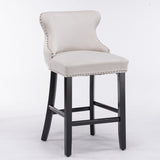 Velvet tufted bar stool seat and wooden leg detail close-up — Allure Home Collections