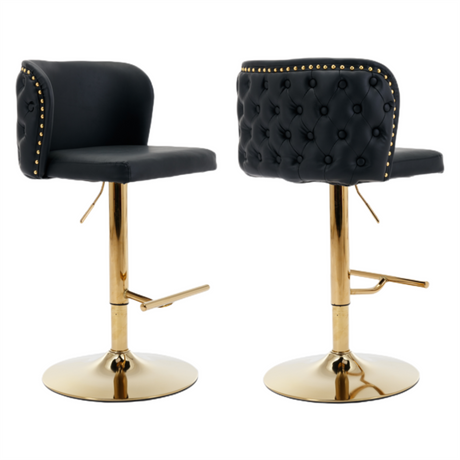 Faux leather bar stool gold base and swivel seat detail close-up — Allure Home Collections