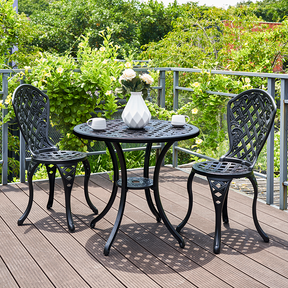 3 piece black aluminium outdoor setting with two chairs and table