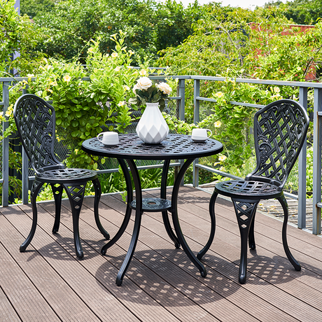 3 piece black aluminium outdoor setting with two chairs and table