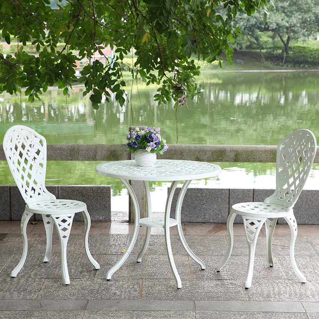 3 piece white aluminium outdoor setting with two chairs and table