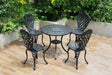5 piece black aluminium outdoor setting with four chairs and table