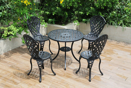 5 piece black aluminium outdoor setting with four chairs and table