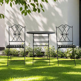 3 piece black iron outdoor bistro set with round folding table and two chairs