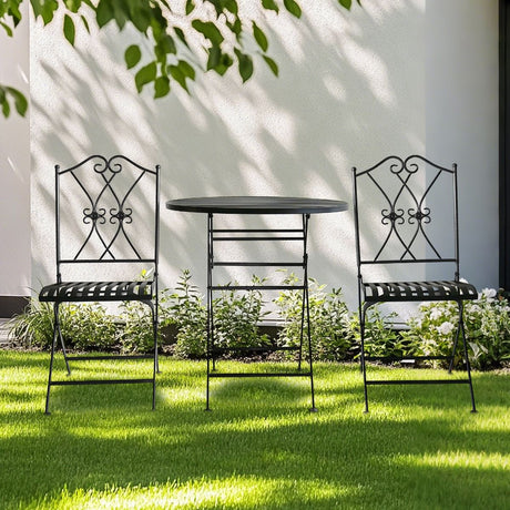 3 piece black iron outdoor bistro set with round folding table and two chairs