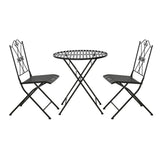 Black iron bistro chair with scrollwork and slatted seat