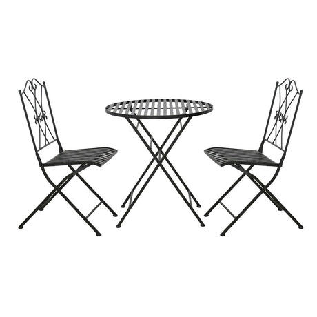 Black iron bistro chair with scrollwork and slatted seat