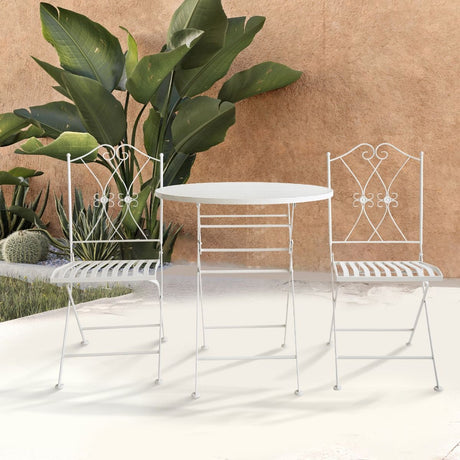 3 piece white iron outdoor bistro set with round folding table and two chairs