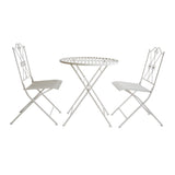 White iron bistro chair with scrollwork and slatted seat