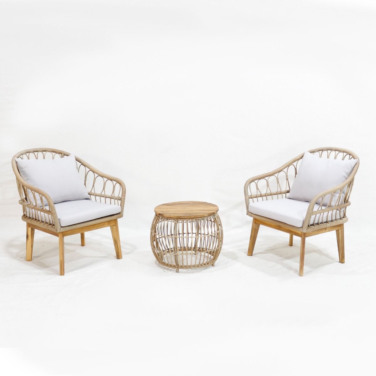 3 piece PE wicker and acacia outdoor setting with two chairs and table