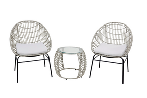 3 piece PE wicker outdoor setting with two chairs and glass top table