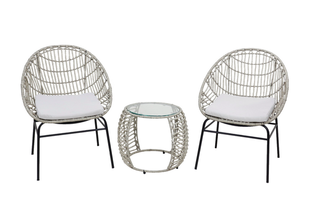 3 piece PE wicker outdoor setting with two chairs and glass top table