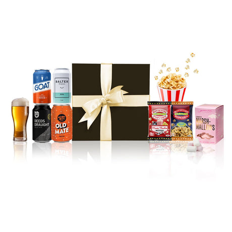 Beers and Movie Night Gift Hamper with craft beers and popcorn in a red box with a white bow