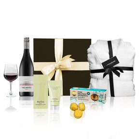 Luxury Red Wine and Robe Gift Hamper with plush robe, wine and treats