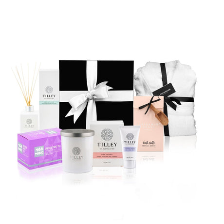 Luxury Self Care Pamper Hamper with plush robe in a black box with a pink bow