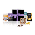 Dijon gourmet snack gift hamper of Australian artisan snacks in a black gift box with purple ribbon bow