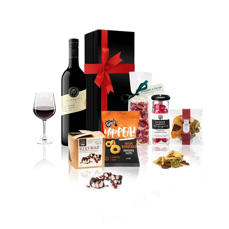 Pepperjack Shiraz and Australian Sweets Gift Hamper in a black box with a red bow