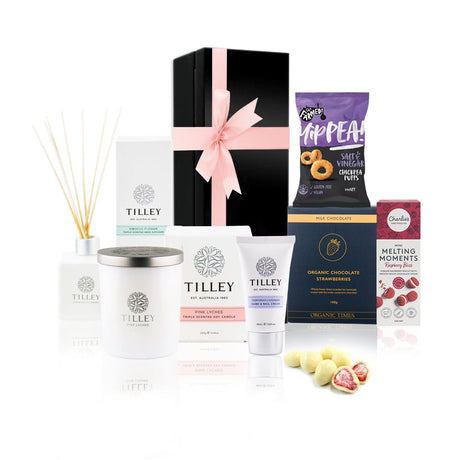 Self Pamper Gift Hamper in a black box with a pink bow