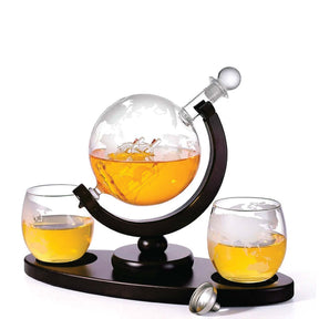 Jaun 850ml globe whisky decanter with ship detail, two glasses and wooden stand