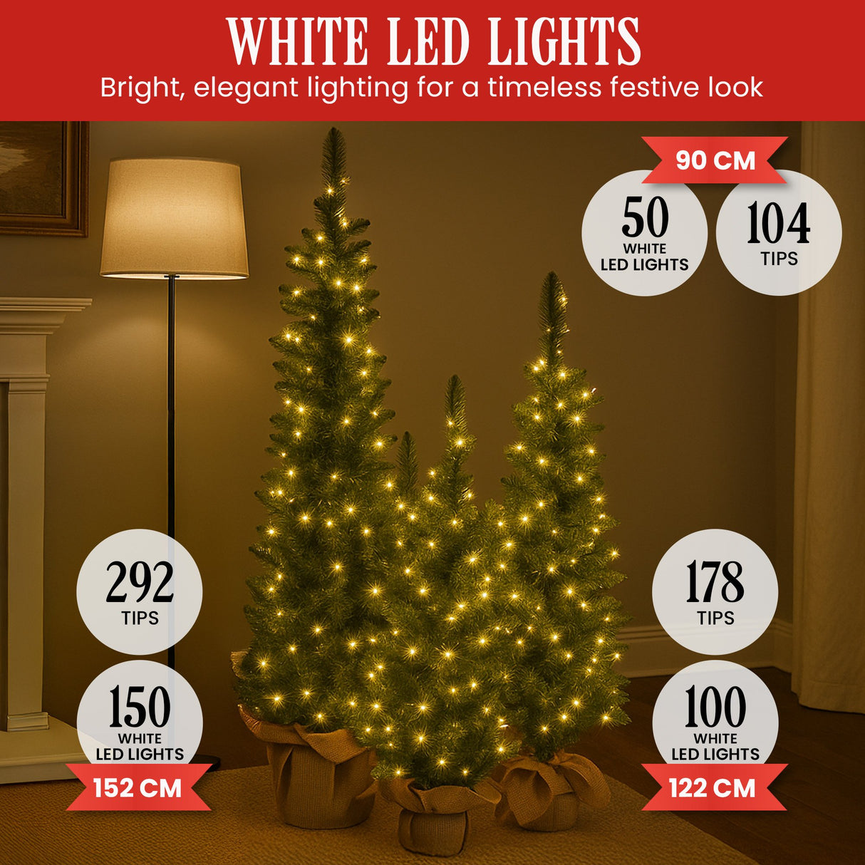 Set of 3 Pre-Lit Christmas Trees with Hessian Bases