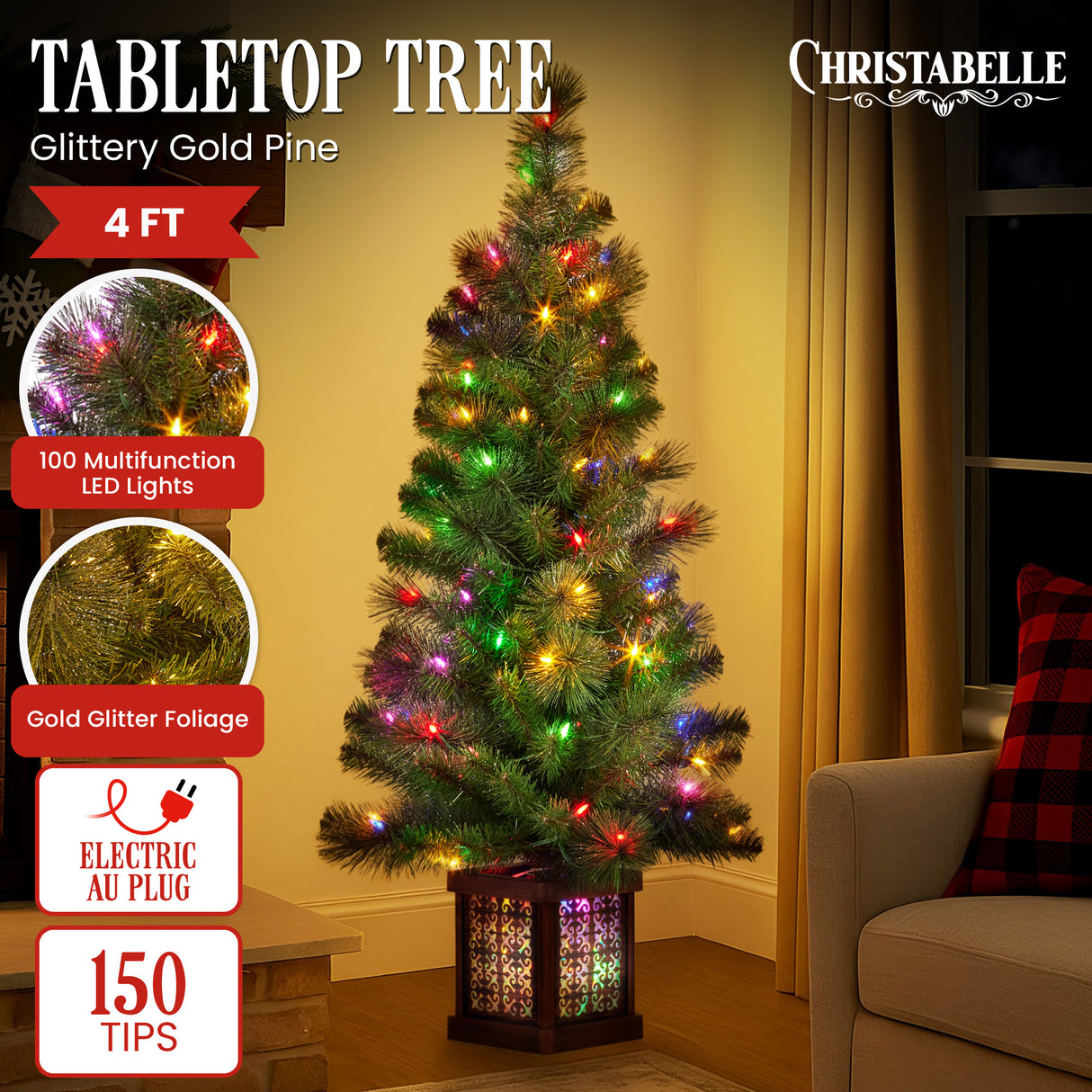 Glittery Gold Pine 4ft Christmas Tree with LED Lights
