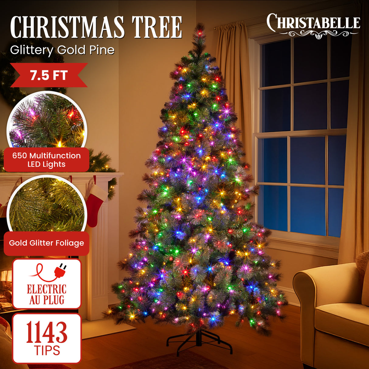 Glittering Gold 7.5ft Christmas Tree with LED Lights