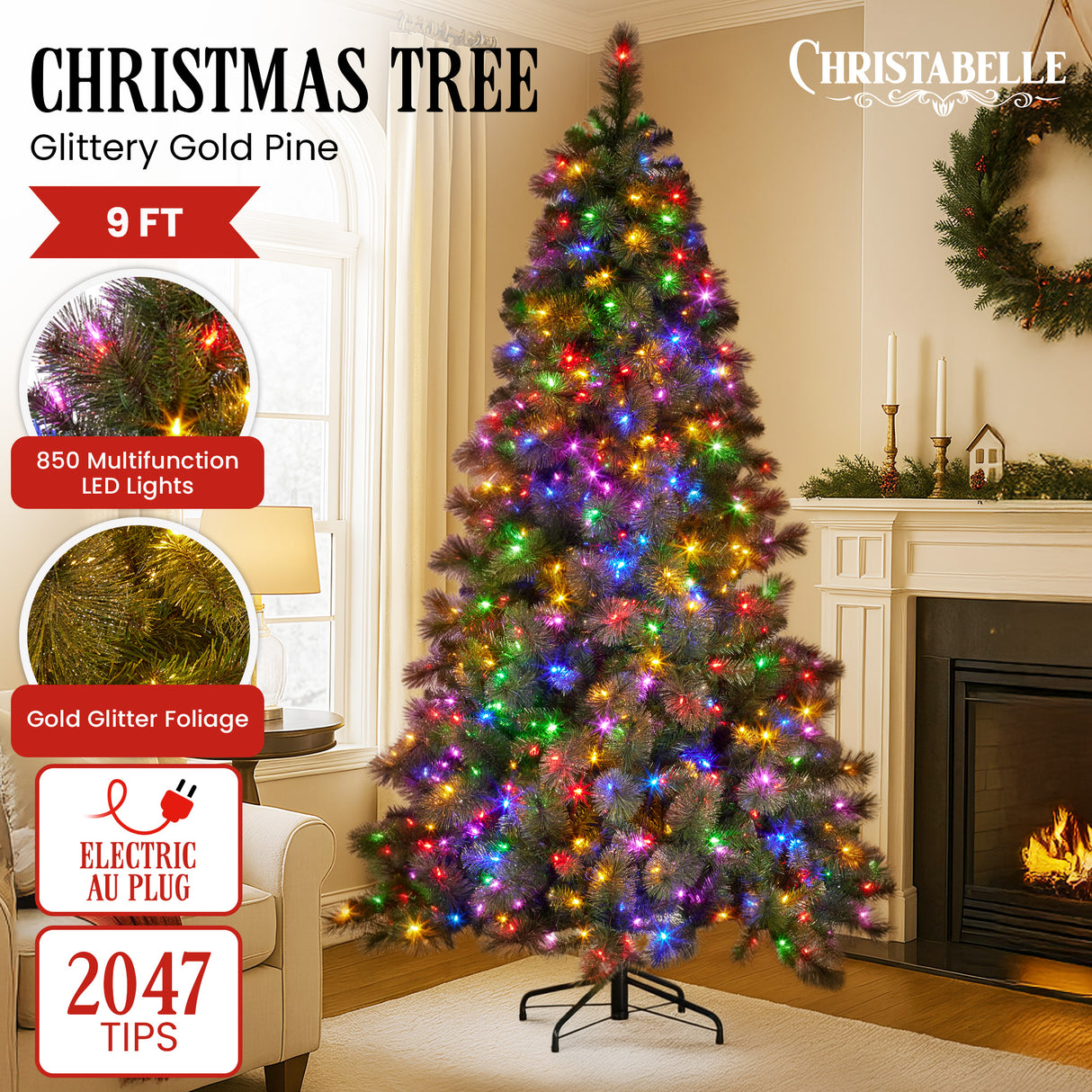 Glittery Gold 9ft Christmas Tree with LED Lights