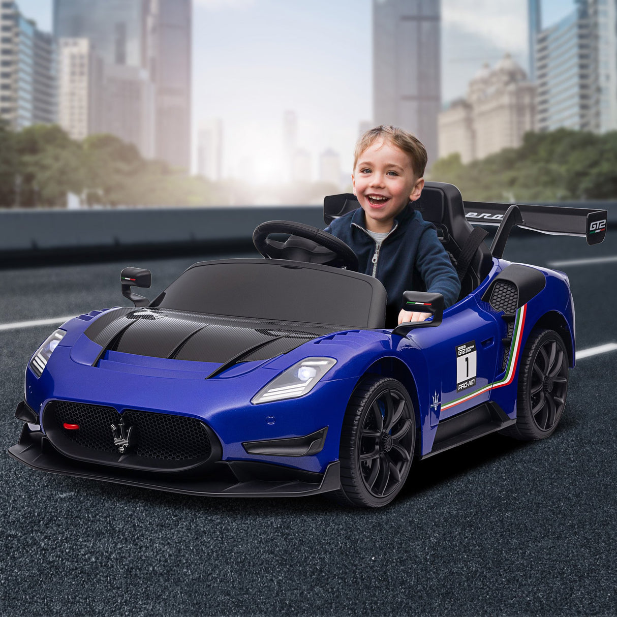 Longcross Kids Ride On Car, 12V Electric Race Car, Blue