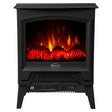 Black 2 kW portable electric stove with flame effect over a lava rock fuel bed